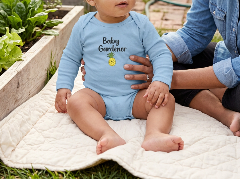 Blue Pineapple onesie, baby with mother