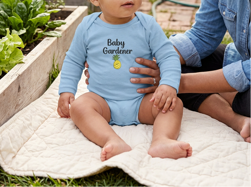 Blue Pineapple onesie, baby with mother