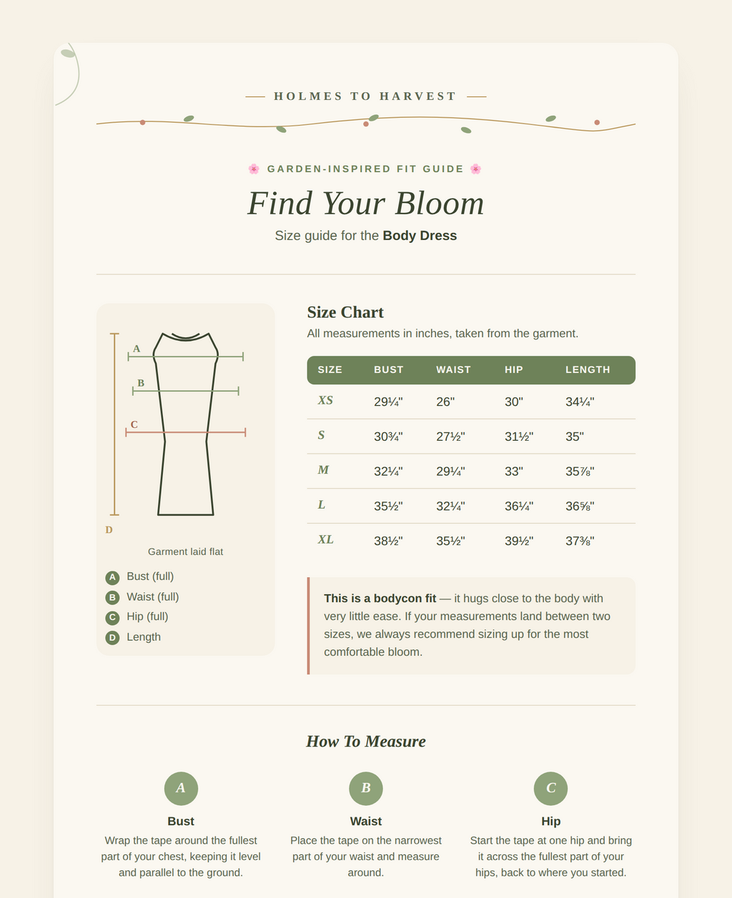 A digital fit guide infographic for the body dress by Holmes to Harvest, featuring a size chart, body measurement diagram, and step-by-step instructions on how to measure bust, waist, and hip on a cream-colored background.