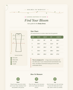 A digital fit guide infographic for the body dress by Holmes to Harvest, featuring a size chart, body measurement diagram, and step-by-step instructions on how to measure bust, waist, and hip on a cream-colored background.