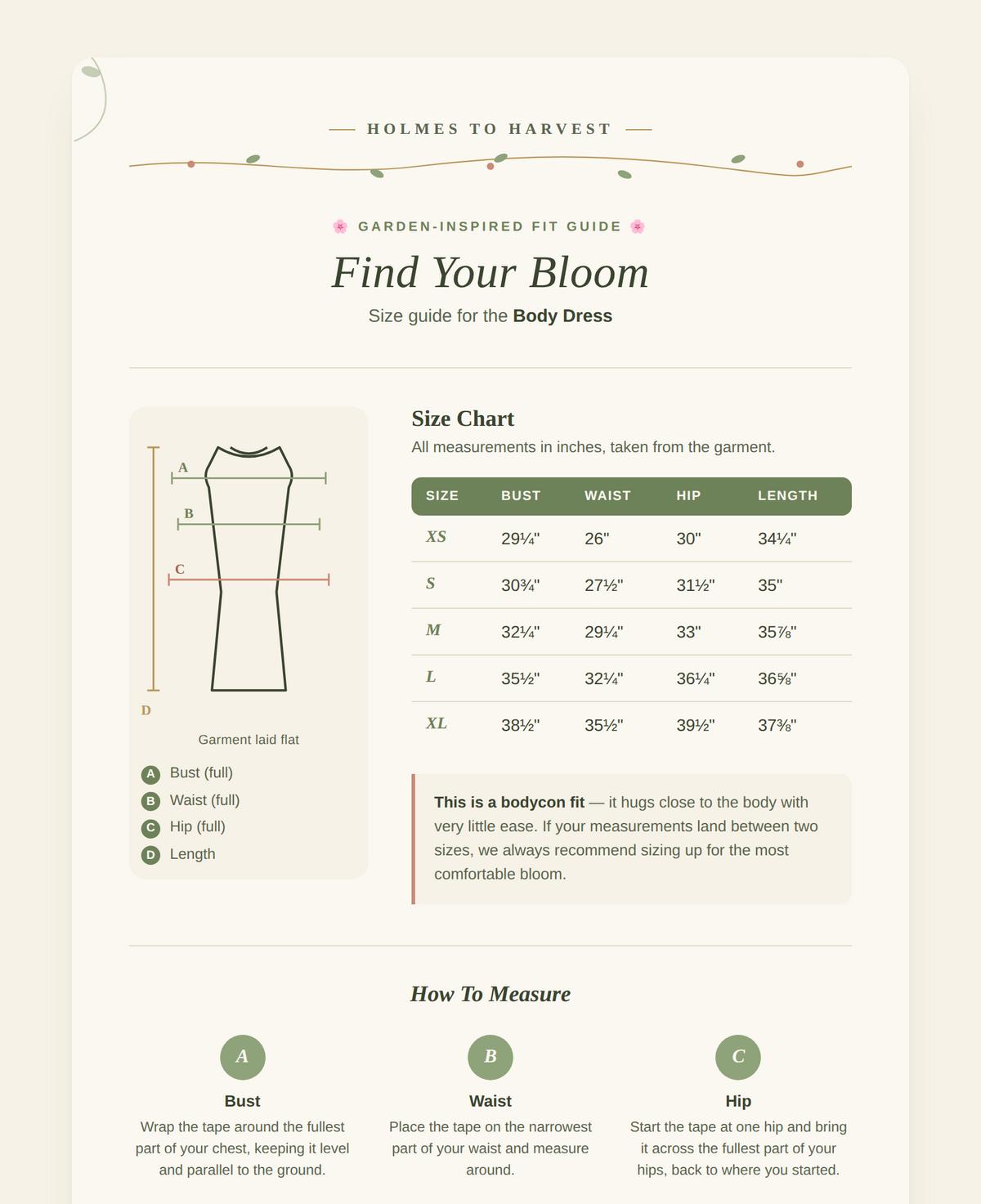 A digital fit guide infographic for the body dress by Holmes to Harvest, featuring a size chart, body measurement diagram, and step-by-step instructions on how to measure bust, waist, and hip on a cream-colored background.
