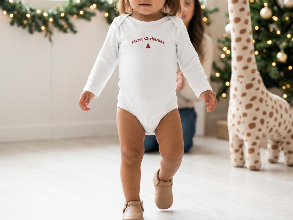 Brown-haired toddler girl in white onesie