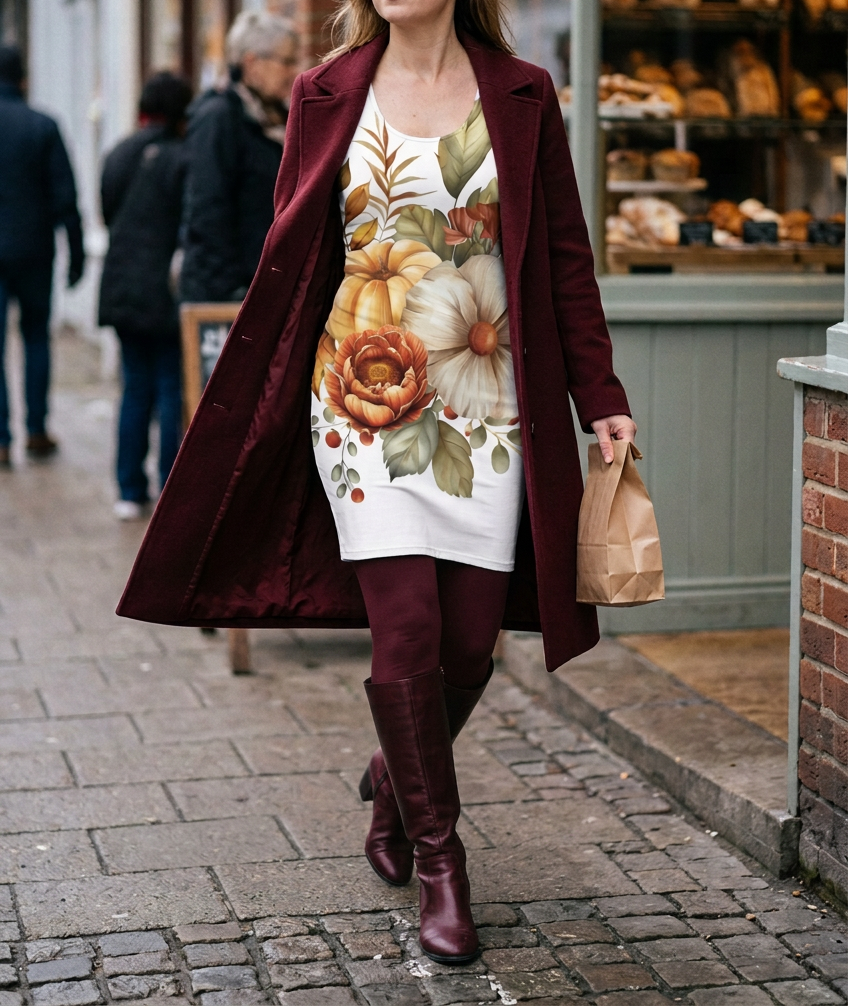 Burgundy coat and black boots