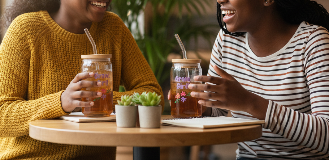 Two people sitting at a table with drinks and plants, smiling.