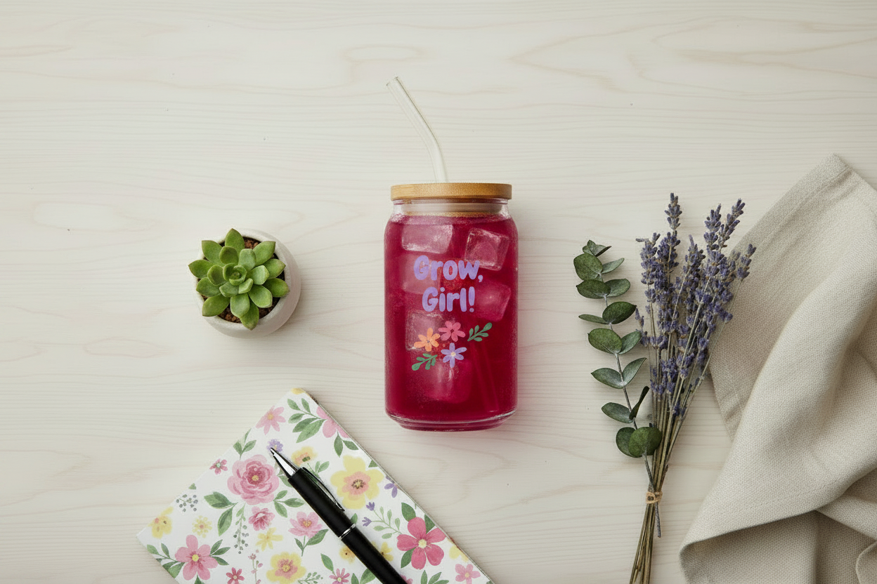 Jar with 'Grow, Girl!' text on a light surface with a plant, notebook, and pen.