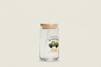 Clear glass tumbler with a bamboo lid and straw, featuring a truck and 'Garden Fresh' text on a white background.