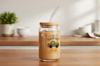 Glass jar with lid and straw on a wooden table, containing iced coffee with a visible brand logo.