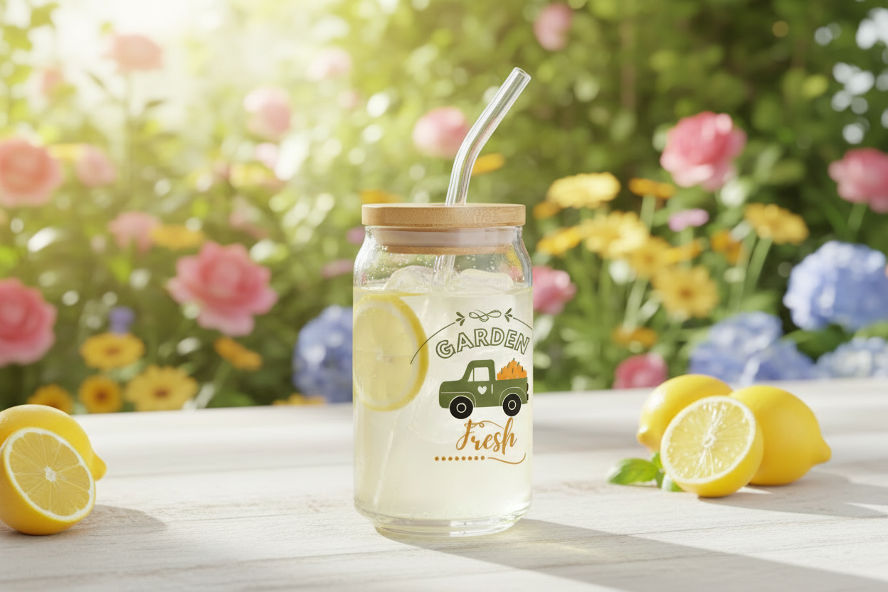 Glass jar with lemon and straw on a wooden table with flowers in the background