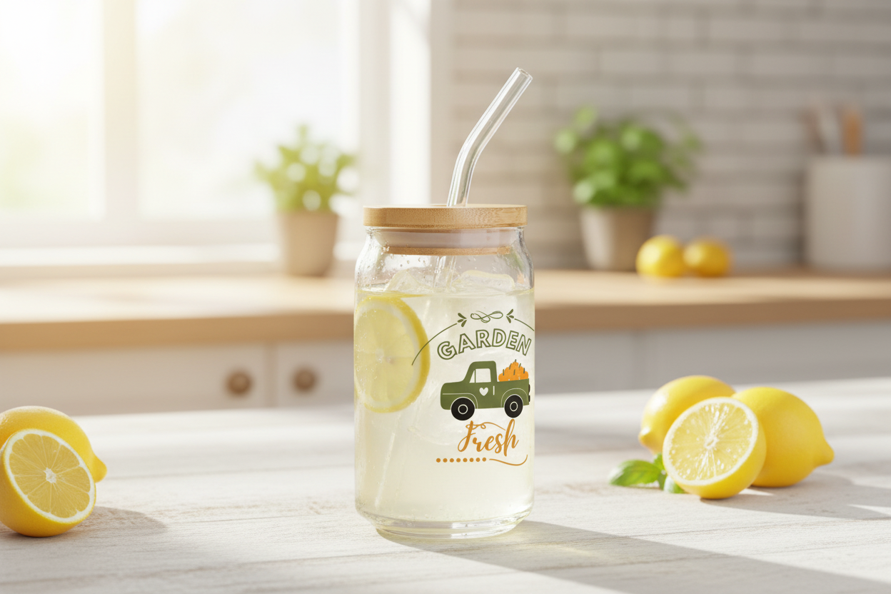Glass jar with a straw and lemon design on a kitchen counter with lemons around