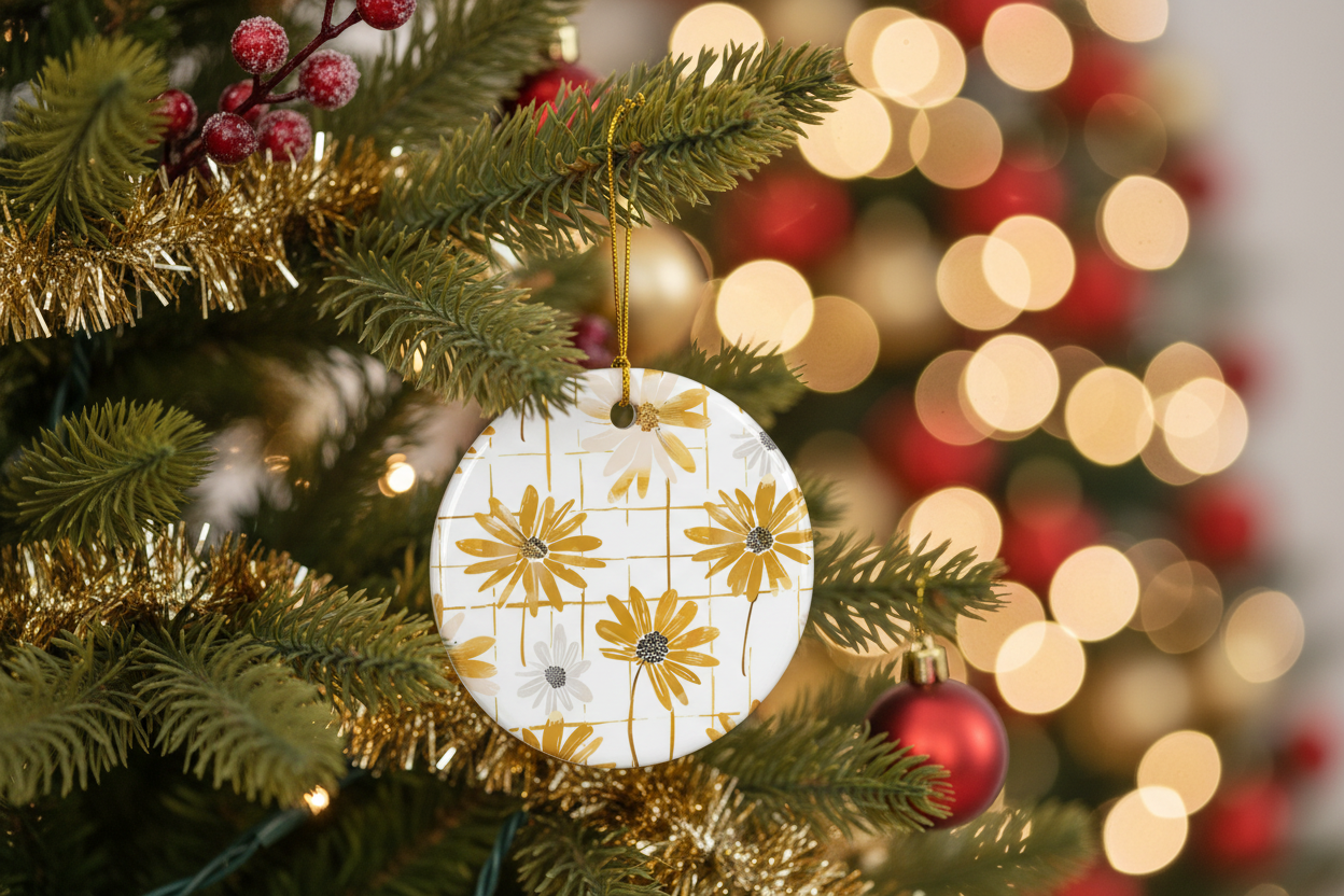 Decorative Christmas ornament with floral pattern on a tree with blurred lights in the background