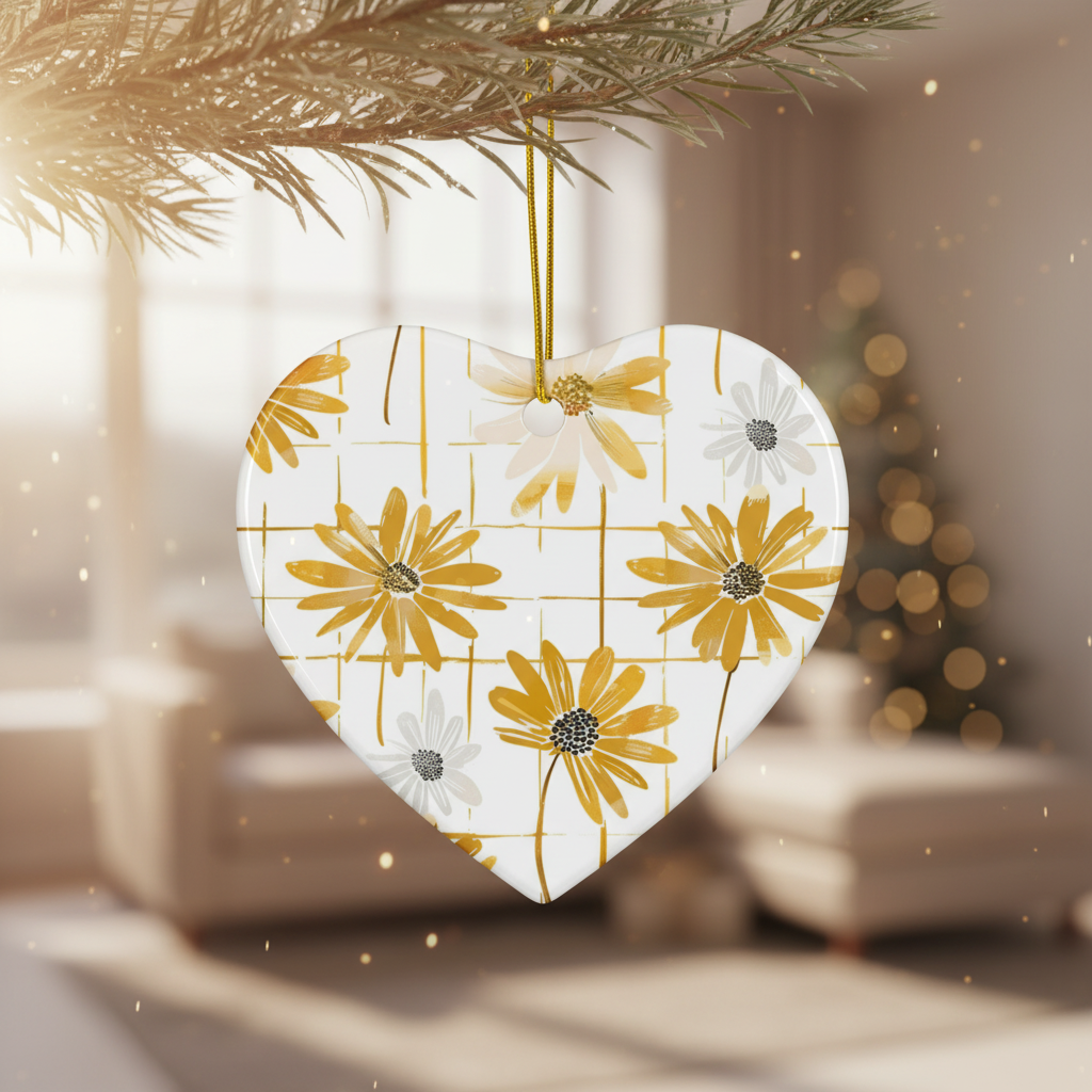 Heart-shaped floral ornament hanging on a tree with a blurred indoor background