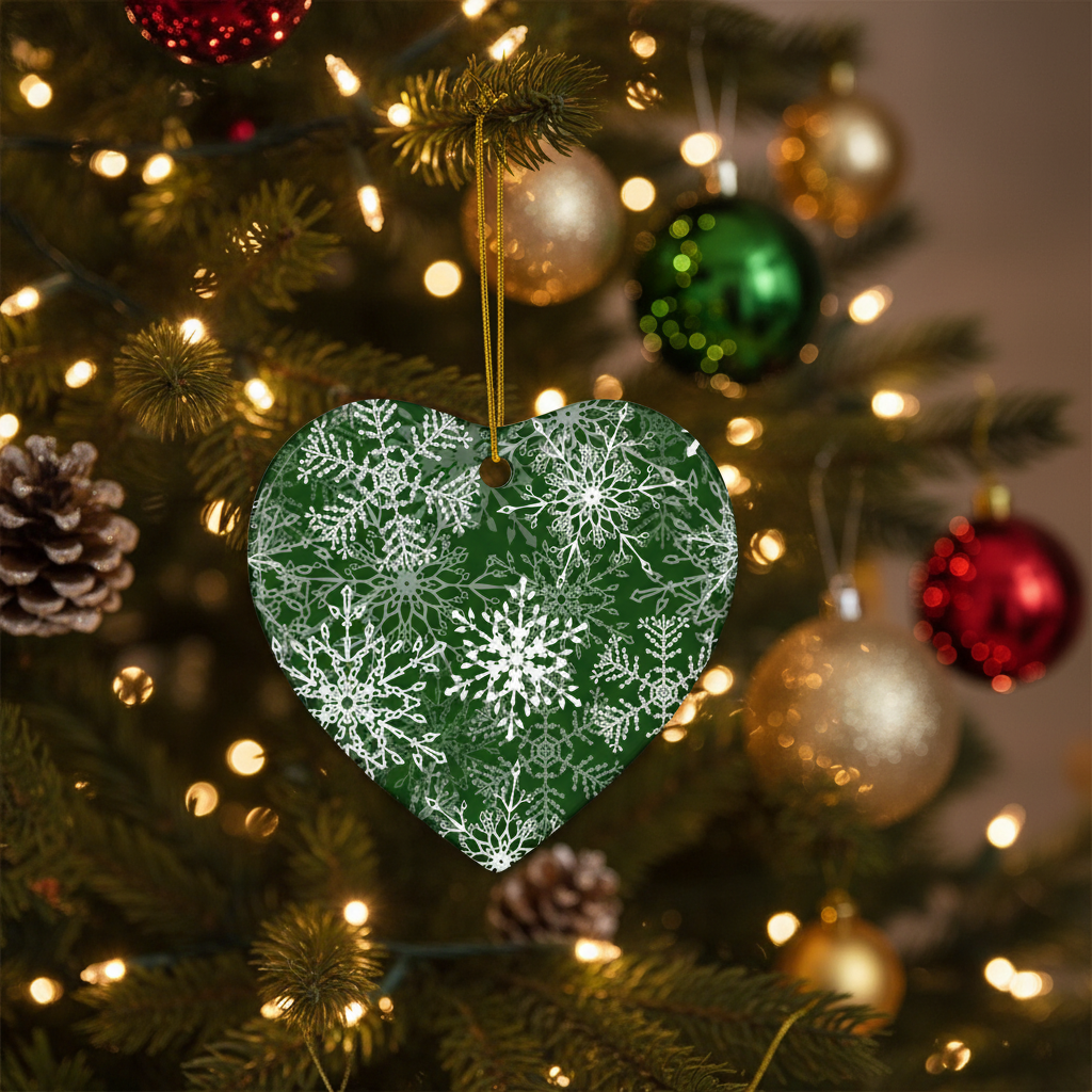 Heart-shaped green ornament with white snowflake pattern on a Christmas tree.