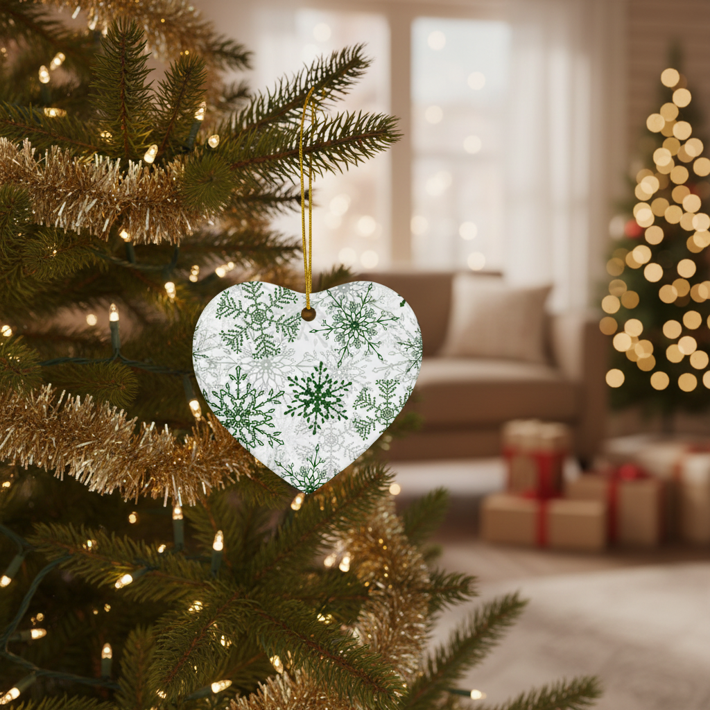 Heart-shaped Christmas ornament with green snowflake pattern hanging on a decorated tree.