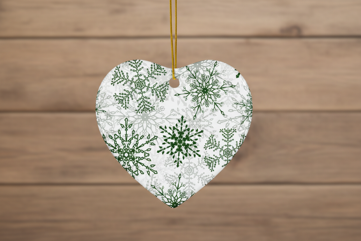Heart-shaped ornament with green snowflake pattern on a wooden background