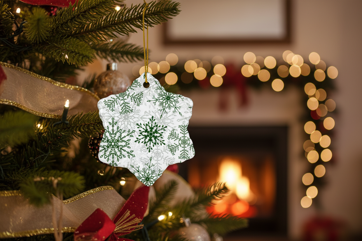 Decorative Christmas ornament on a tree with a fireplace and lights in the background