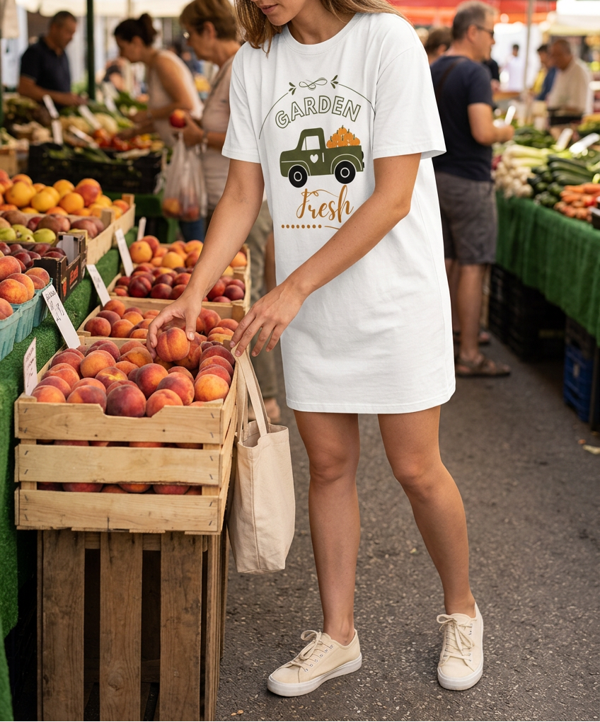 Choosing peaches wearing the Garden Fresh dress without layers