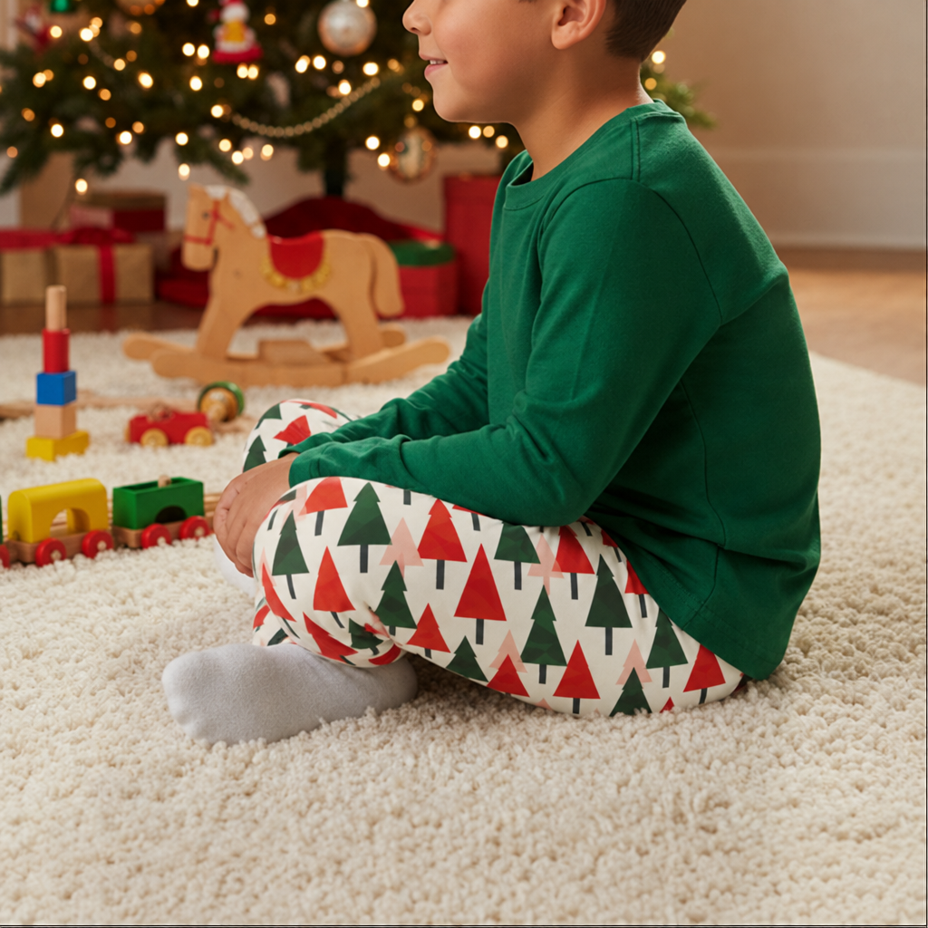 A child sitting on a white shag carpet in a living room, wearing a green long-sleeve shirt and white pajama pants with a red and green Christmas tree pattern. Toys and a rocking horse are on the floor, with a Christmas tree in the background.