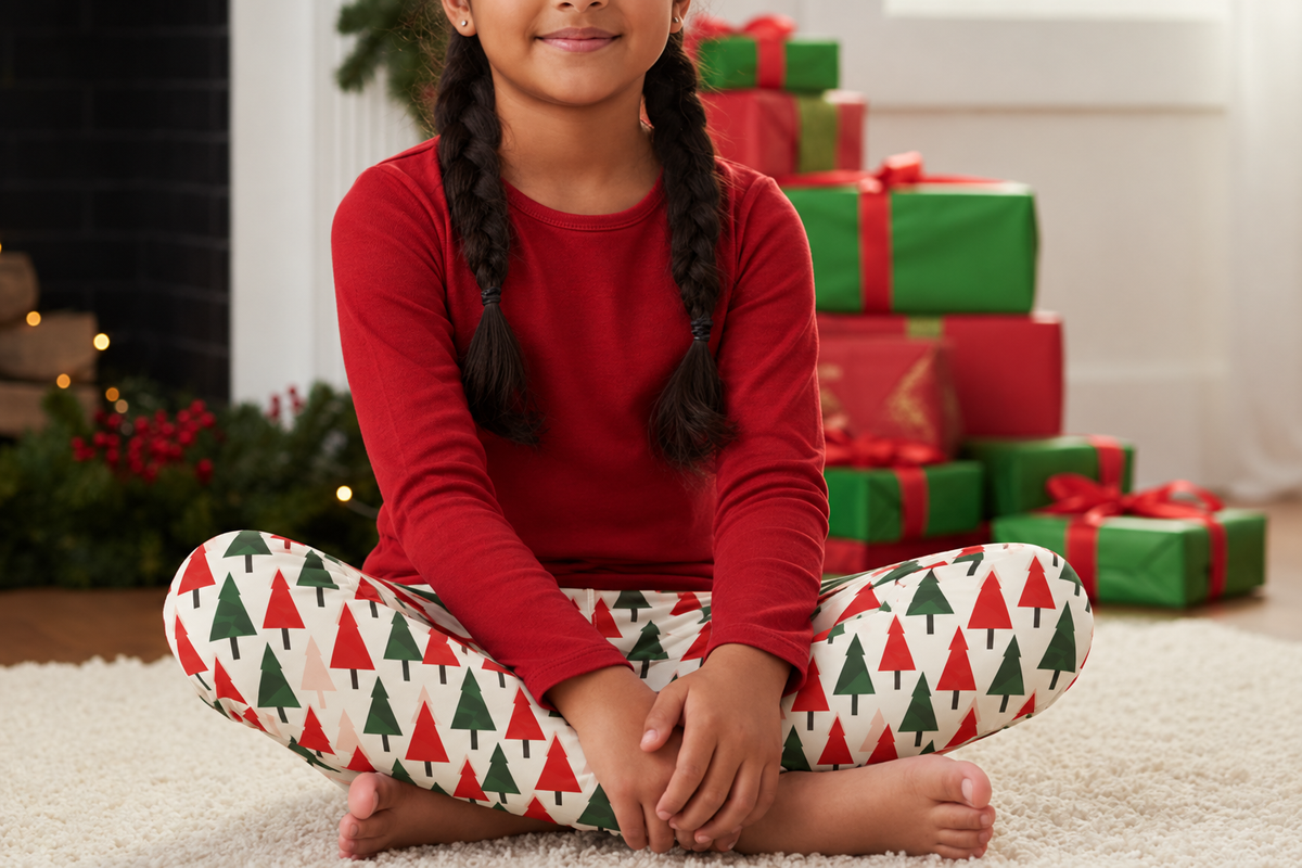 A young girl with braided hair sits cross-legged on a white rug, wearing a red long-sleeve shirt and white leggings with a green and red Christmas tree pattern. A stack of wrapped Christmas presents and holiday greenery are visible in the background.