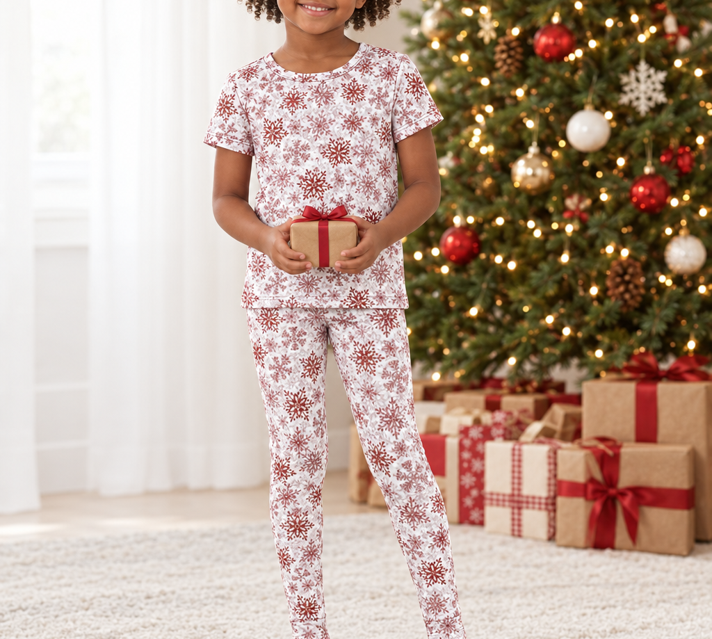 Closer view of child in Red Snowflake top and matching leggings by a Christmas tree