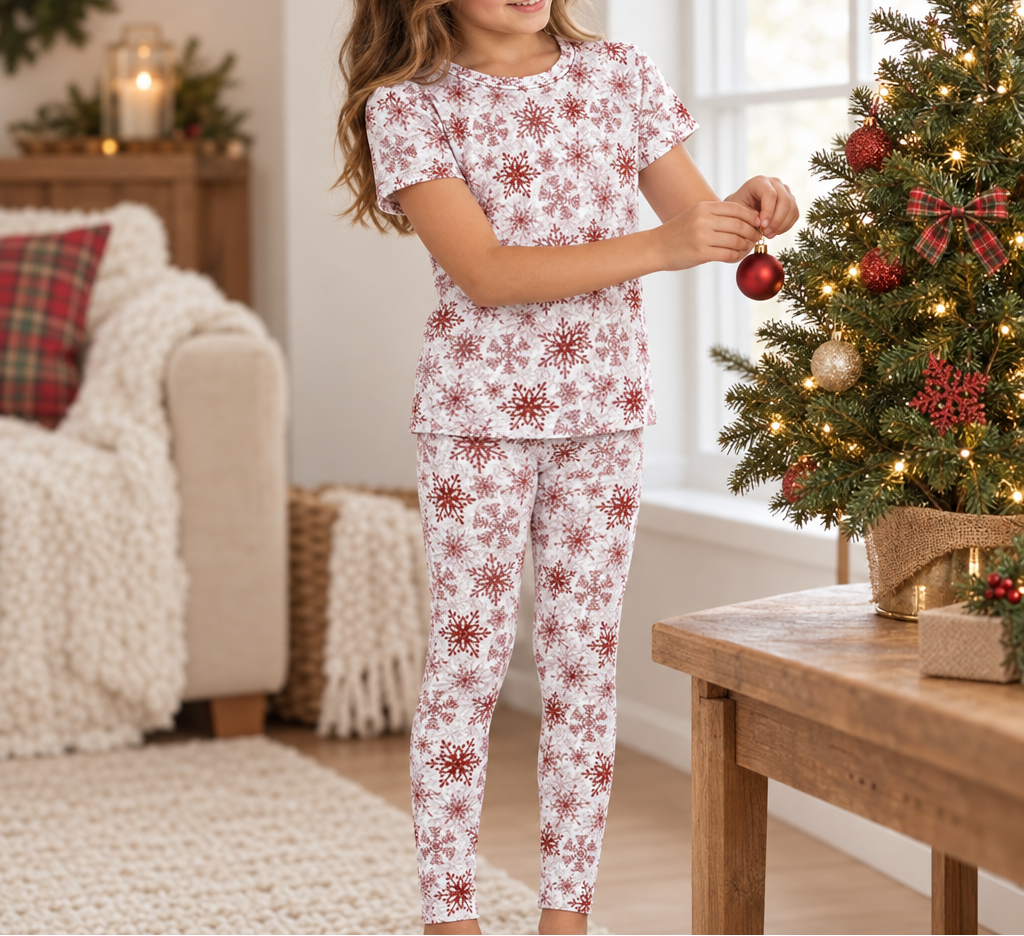 Closer view of child in Red Snowflake top and matching leggings decorating a small tree