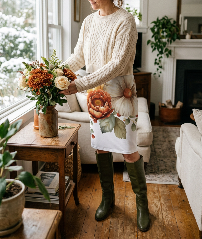 Cream pullover and olive boots