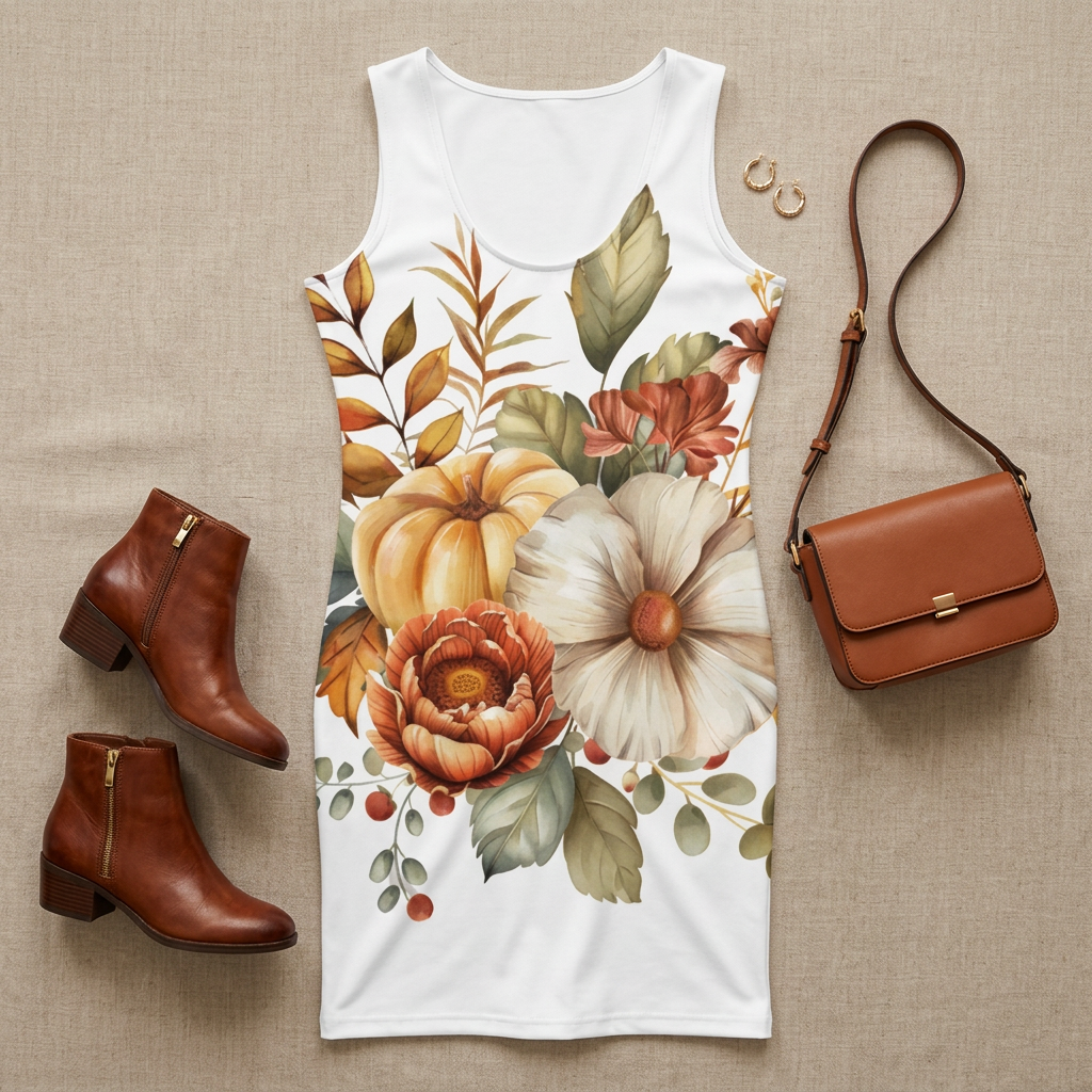 Dress flat lay with brown ankle boots and cognac purse