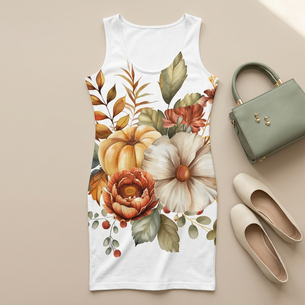 Dress flat lay with cream ballet flats and sage handbag
