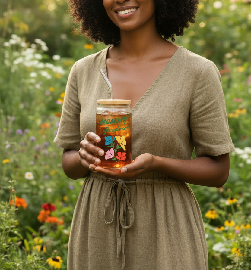Woman holding a jar of 'Bee's Knees' honey in a field with flowers