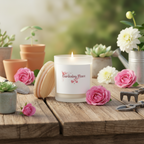 Candle labeled 'Gardening Peace' surrounded by flowers and gardening tools on a wooden surface.