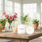 Candle with 'Gardening Peace' text on a wooden table with flowers and plants.