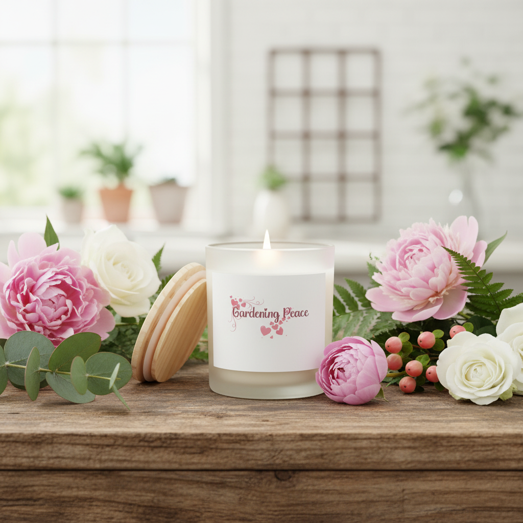 Candle with 'Gardening Peace' label on a wooden surface surrounded by pink and white flowers.