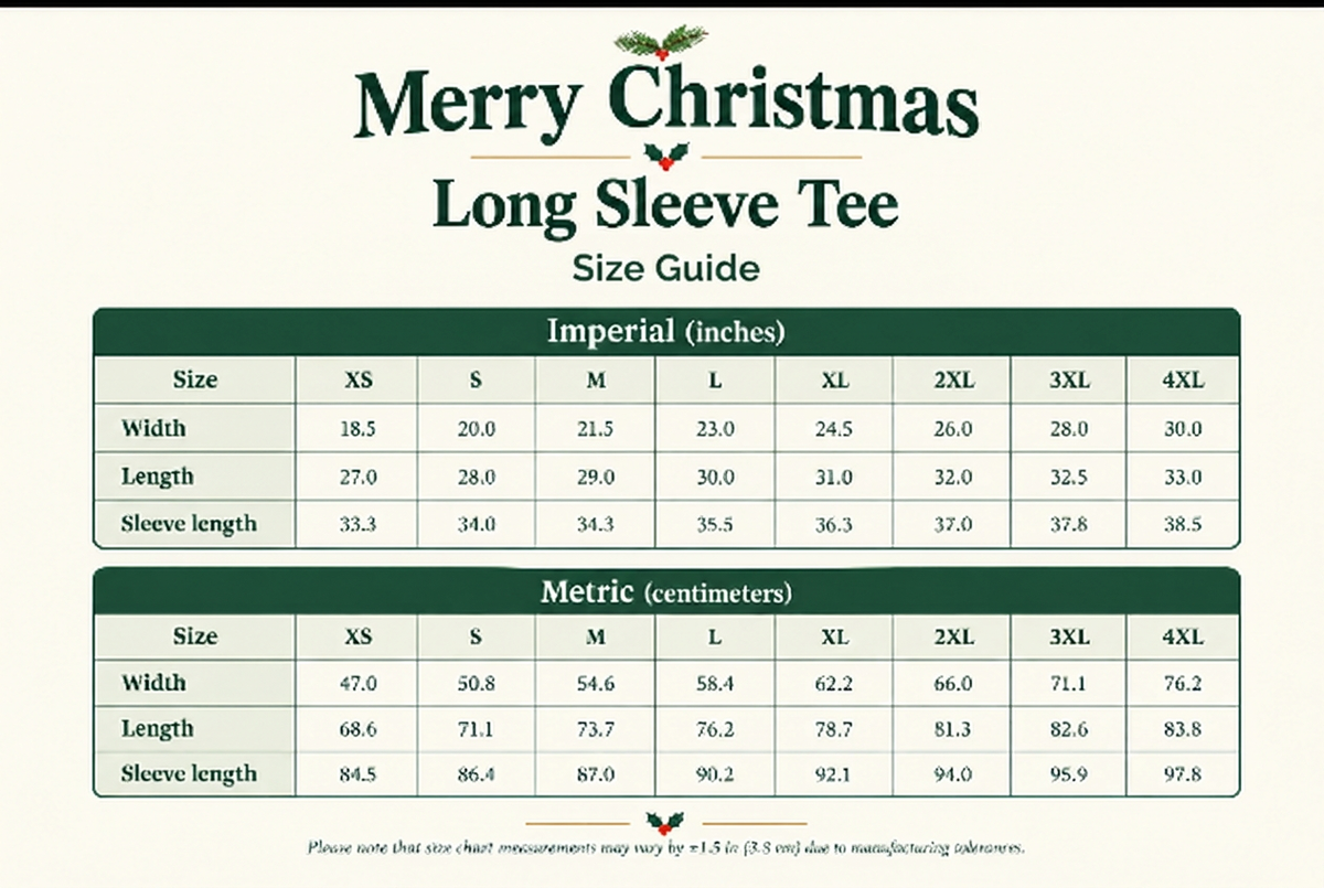Festive long sleeve tee size guide without brand or model information