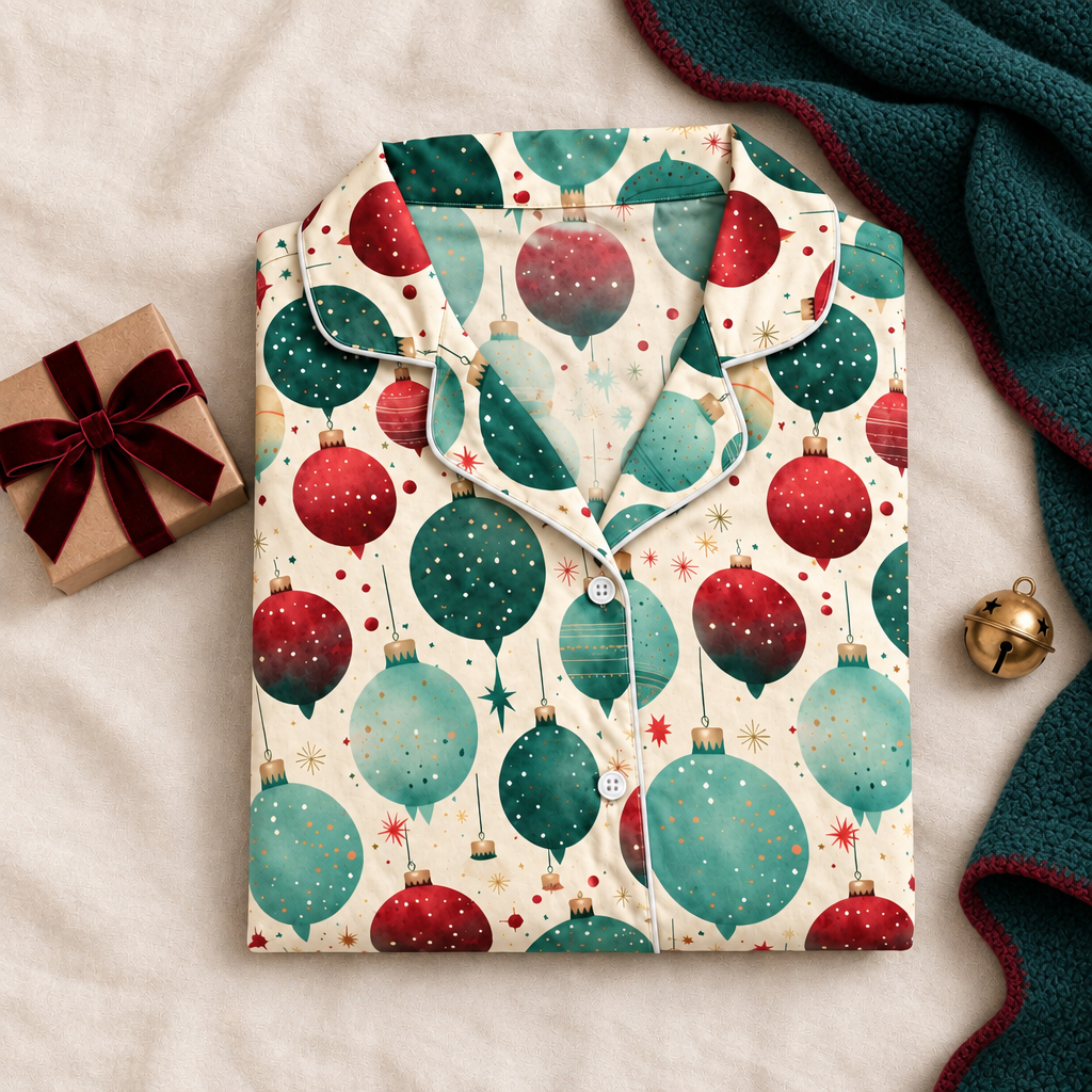 Folded holiday pajama top with gift box, bell, and coordinating throw