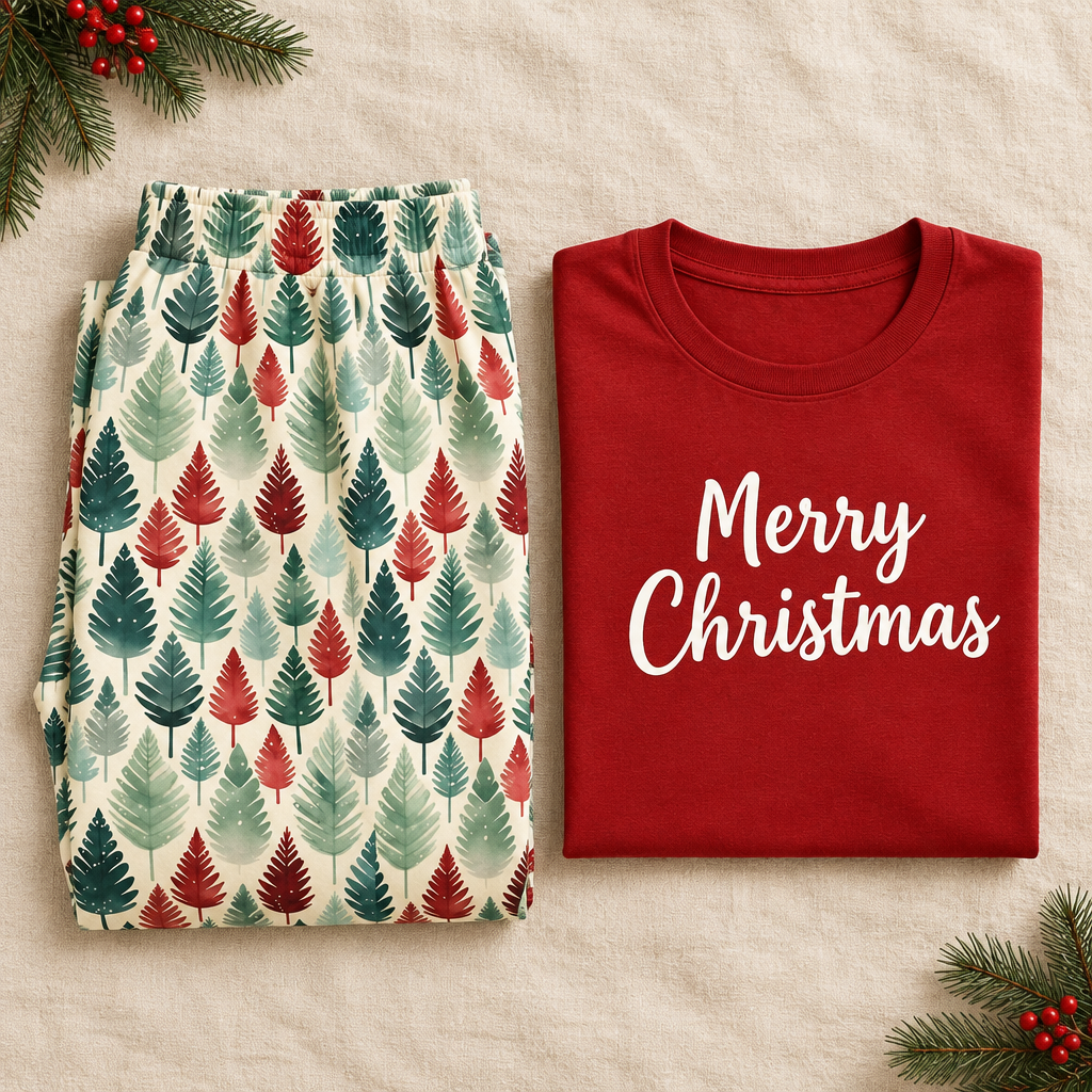 Folded Leafy Dreams pajama pants beside a folded red Merry Christmas shirt