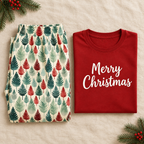 Folded Leafy Dreams pajama pants beside a folded red Merry Christmas shirt