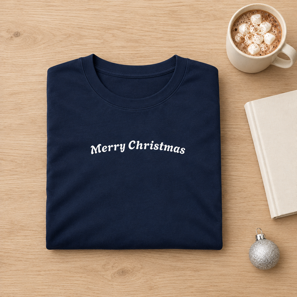 Folded navy Merry Christmas tee with cocoa, a book and silver ornament
