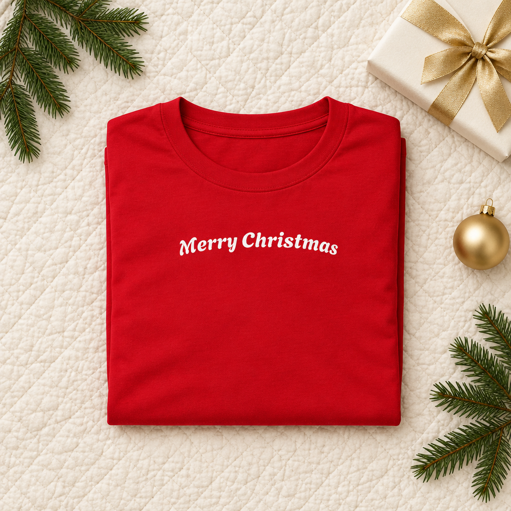 Folded red Merry Christmas tee with an ivory gift and gold accents