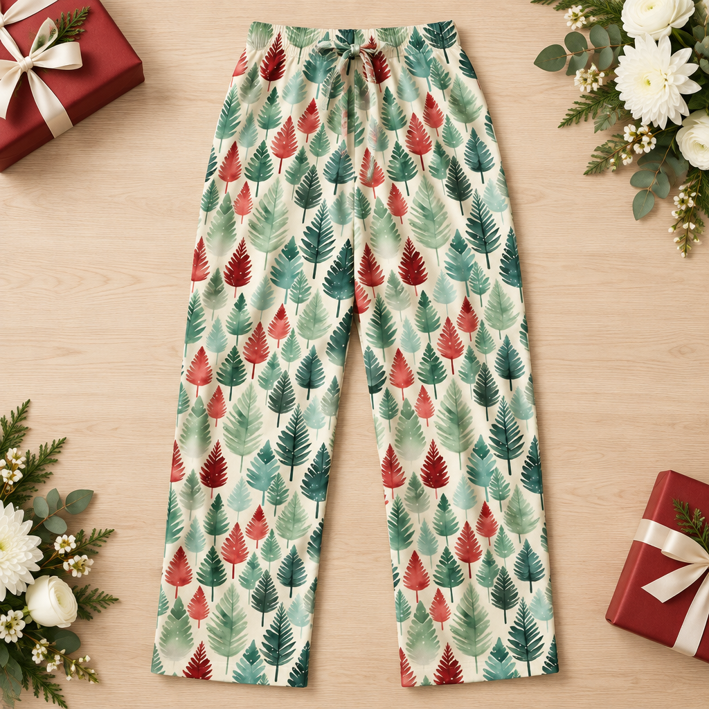 Front-facing Leafy Dreams pants with presents and flowers