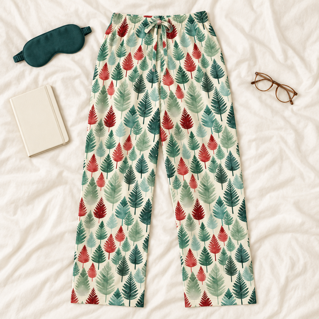 Front-facing Leafy Dreams pants with sleep mask and journal