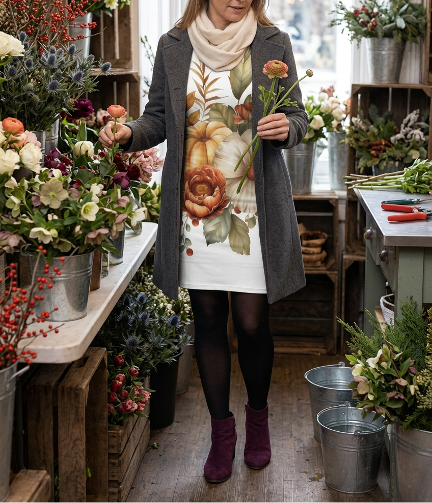 Garden Floral dress with charcoal coat and plum boots in a flower shop