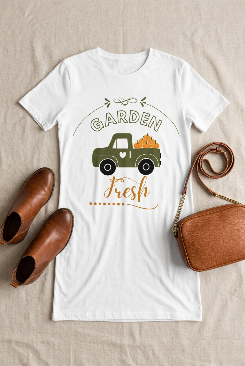 Garden Fresh T-Shirt Dress flat lay with brown ankle boots and cognac purse