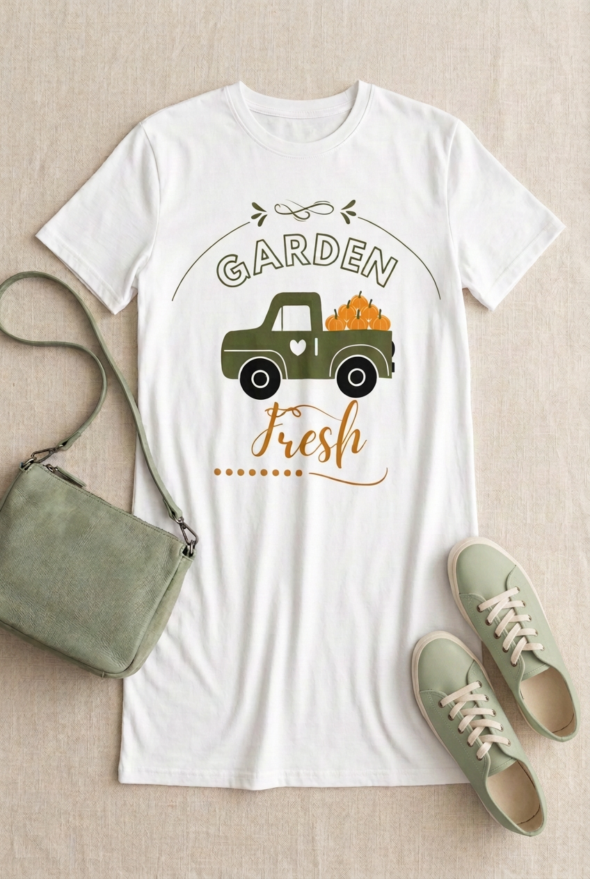 Garden Fresh T-Shirt Dress flat lay with sage green sneakers matching the bag