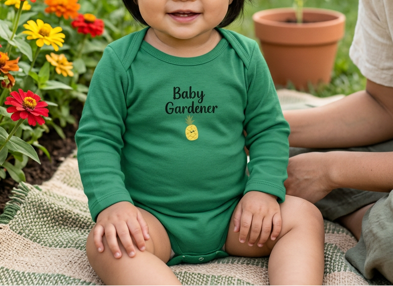 Green Pineapple onesie, baby with mother