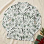Green Snowflake long sleeve pajama top with black trim, Christmas styling