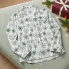 Green Snowflake long sleeve pajama top with white trim, Christmas styling