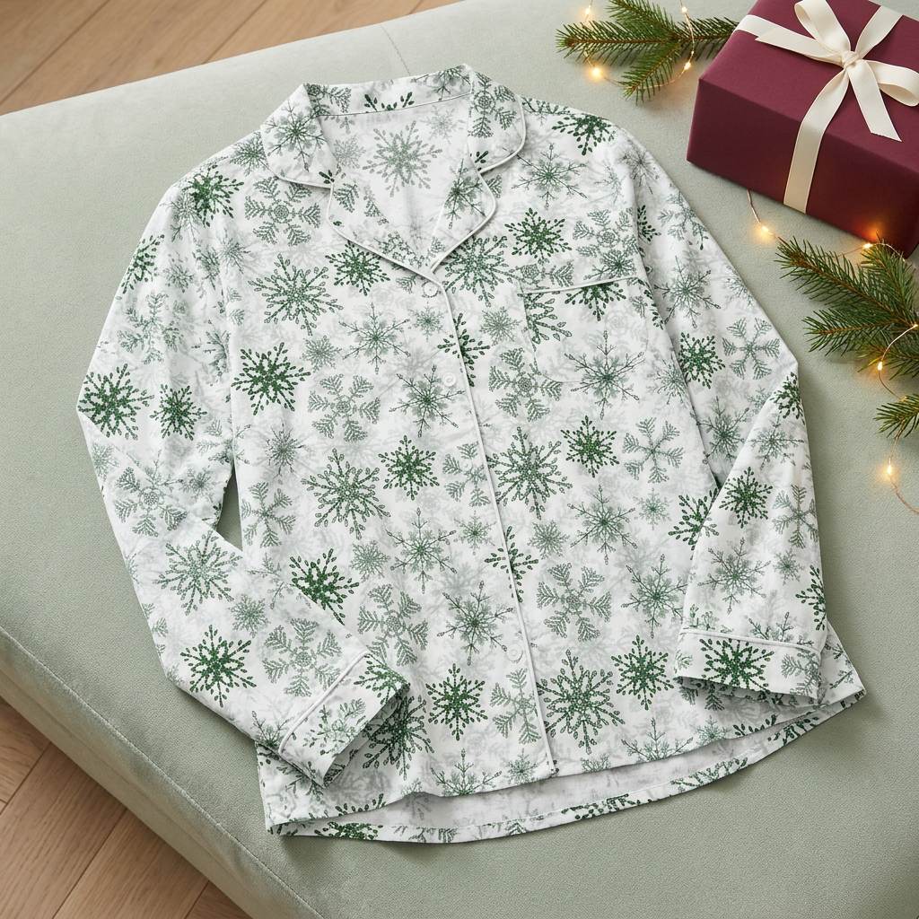 Green Snowflake long sleeve pajama top with white trim, Christmas styling