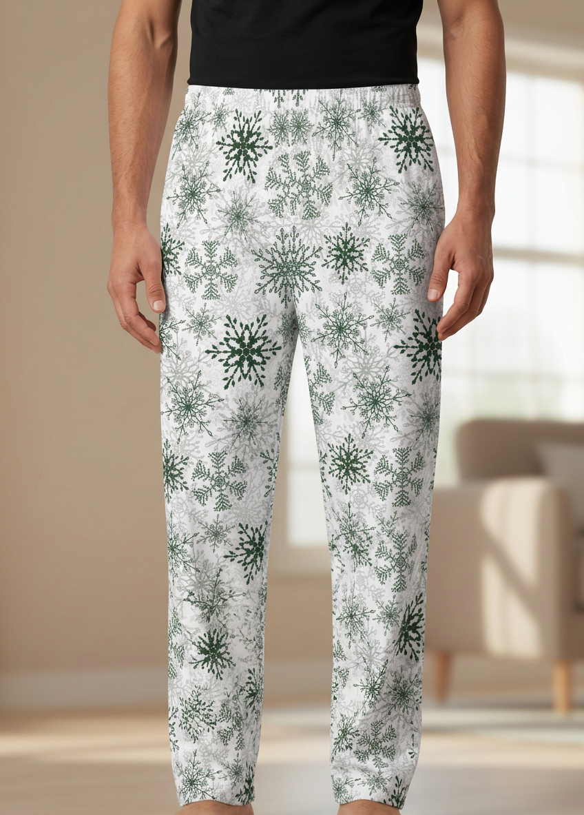 Green Snowflake pajama pants model photo with pocket removal requested