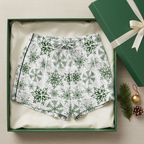 Green Snowflake women's pajama shorts with black trim in a Christmas gift box
