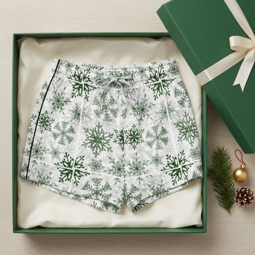 Green Snowflake women's pajama shorts with black trim in a Christmas gift box