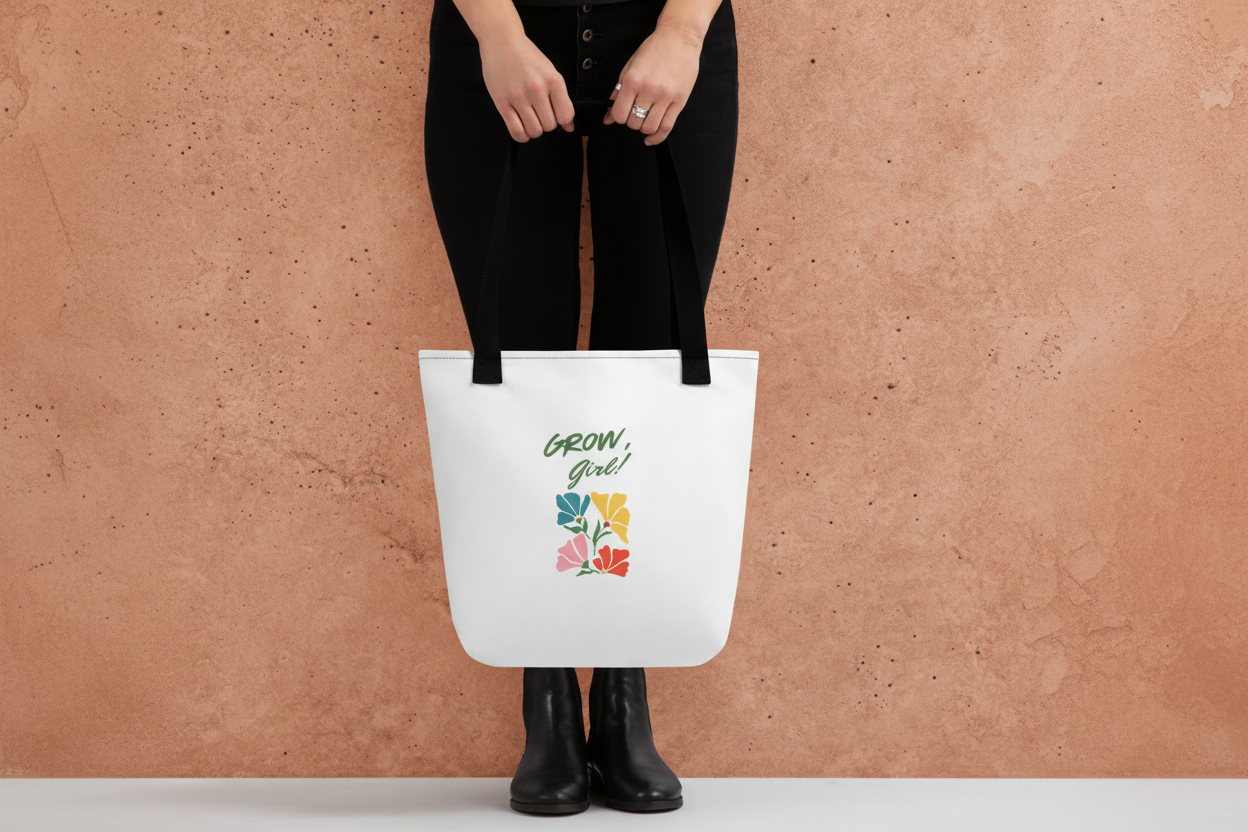 White tote bag with 'Grow Girl!' text and floral design held by a person against a gray background